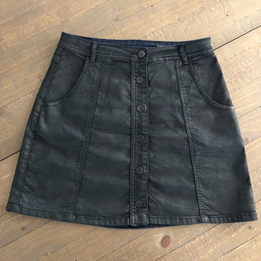 Waxed denim black button up mini skirt
